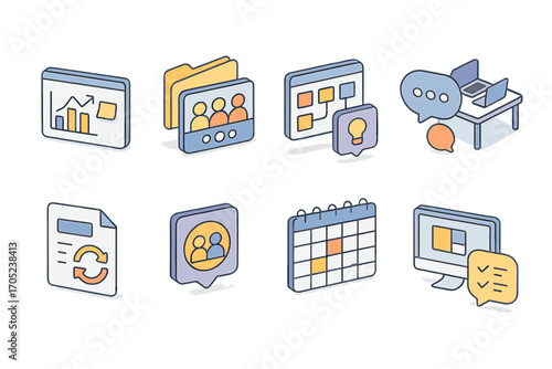 Business and communication icon set. office and chart visualization outline icons