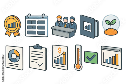 Business and strategy flat icon set. management, planning, finance icons collection