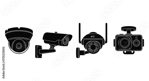 Collection of four security camera silhouettes for surveillance systems
