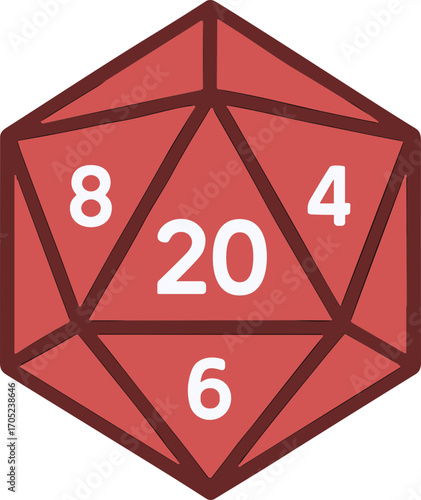 Flat Style Detailed Twenty Sided Dice D20 Game Object Illustration