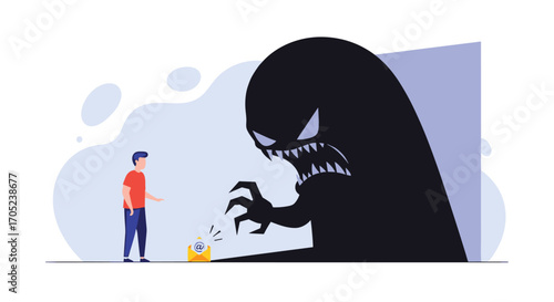 Man facing a giant scary monster shadow representing fear.