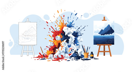 Artistic Creation Process with Paint Splatter and Easels.