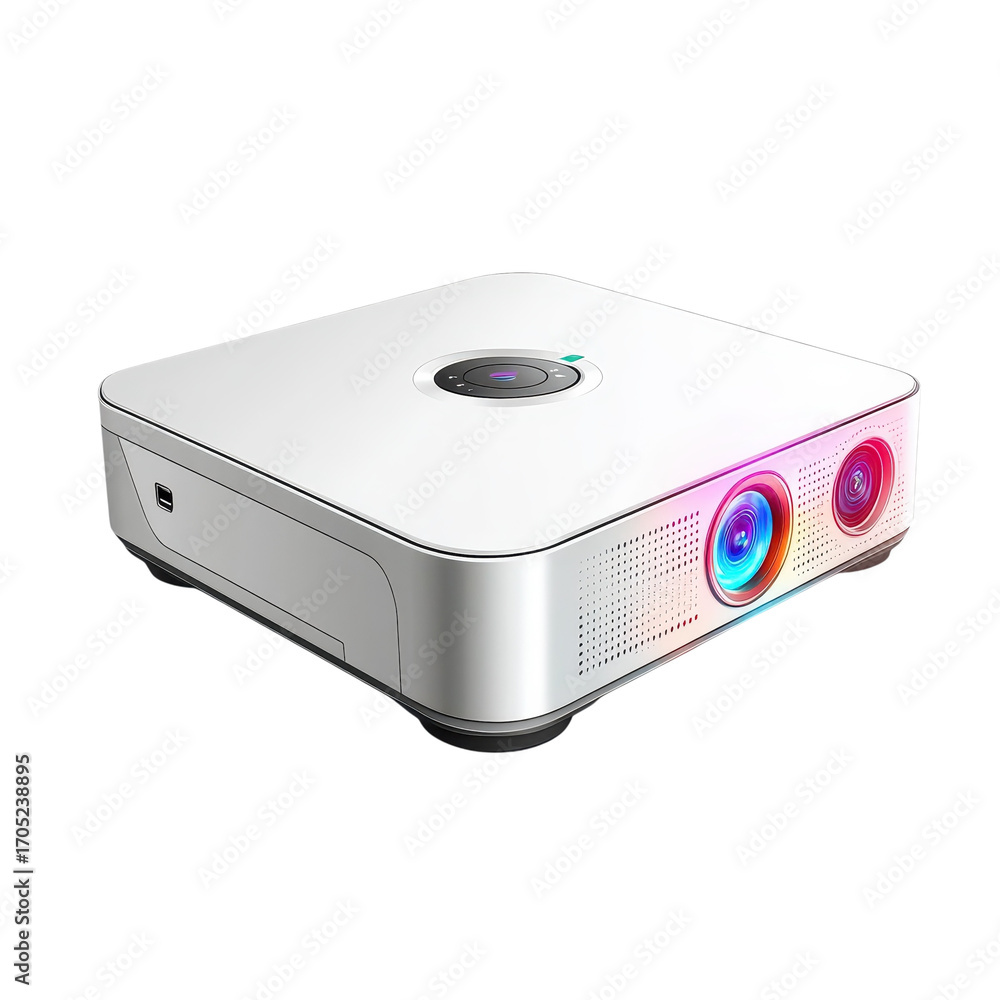 Fototapeta premium Modern white projector with colorful lens reflections