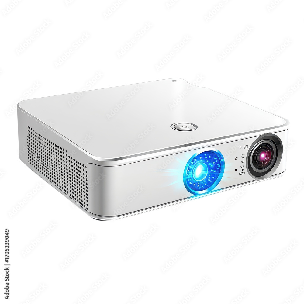 Fototapeta premium Modern white projector with a bright blue light shining