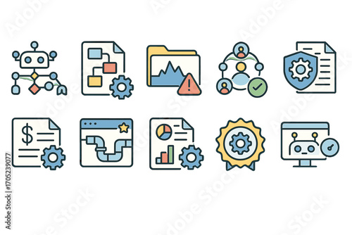 Business, technology outline icon set. workflow, data analysis symbols collection