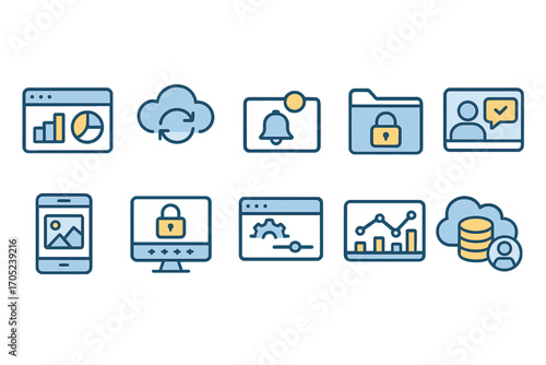 Cloud computing outline icon set. data, security, sync, network, storage icons collection