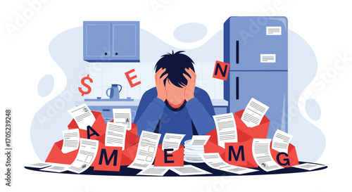 Man overwhelmed by bills and financial stress.