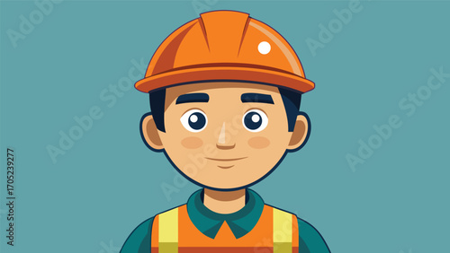 Illustration of a construction worker wearing safety gear and smiling in a simple background