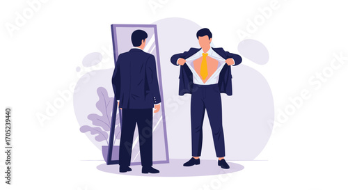 Man in Suit Revealing Superhero Symbol Underneath.