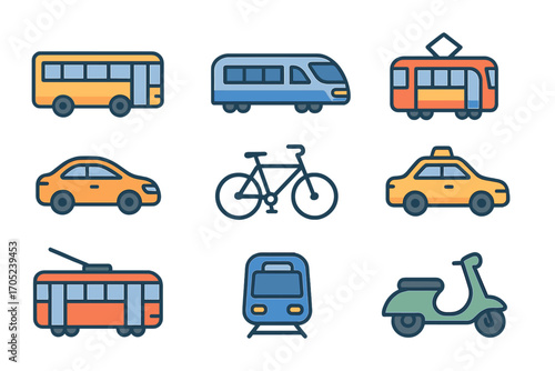 Transportation, vehicle linear icon set. transport, public transit line collection