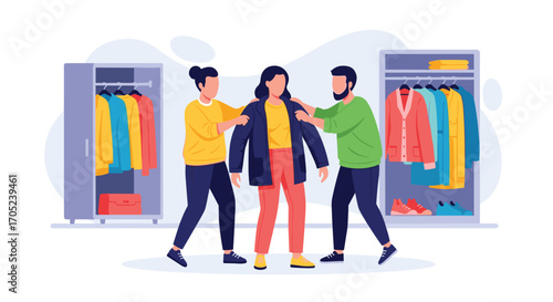 Two people helping a woman choose an outfit from her wardrobe.