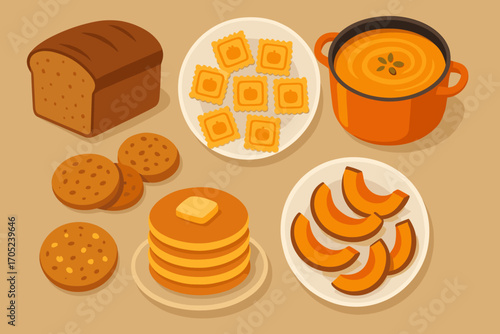 Food and cooking flat icon set. bread, soup, snacks, and sweets in flat design