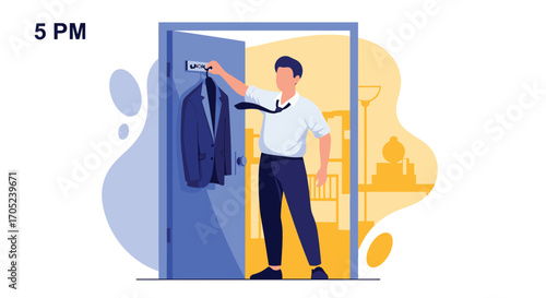 Man taking off suit after work at 5 PM.