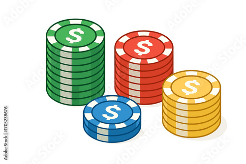 Gambling, casino flat icon set. poker chips, gaming symbols flat collection