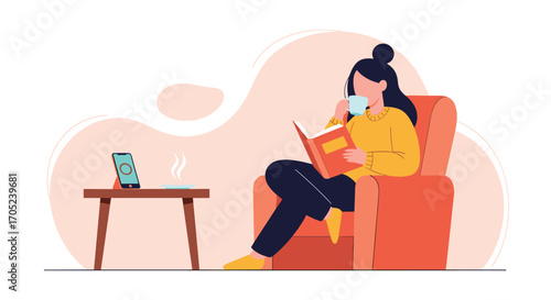 Woman reading a book and drinking coffee in a comfortable armchair.