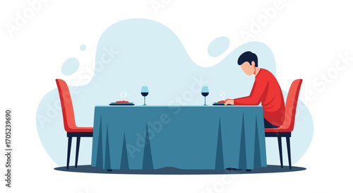 Man sitting alone at a restaurant table for two.