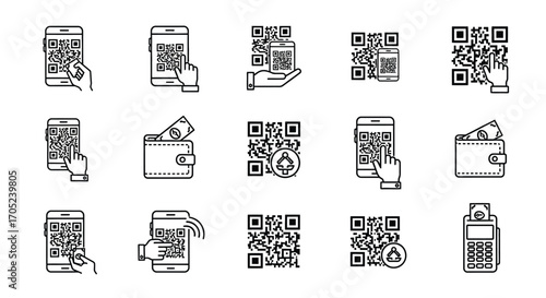 Collection of mobile payment and qr code scanning icons silhouette