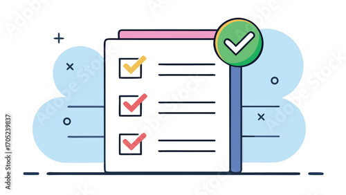 Checklist showing completed tasks with checkmarks and a green check symbol against a soft blue background