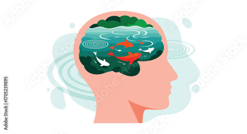 Human head silhouette with a brain filled with a serene koi pond and aquatic plants.
