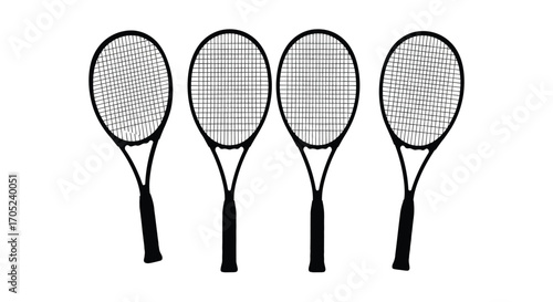 Four tennis rackets arranged in a row silhouette