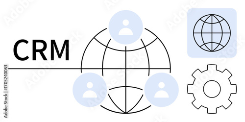 CRM text next to a globe connecting user icons, gear for process automation. Ideal for teamwork, communication, business operations, efficiency, global integration, data management, simple flat