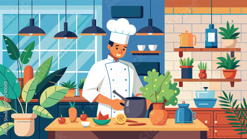 Chef preparing a healthy meal in a bright and vibrant kitchen filled with plants and colorful decor