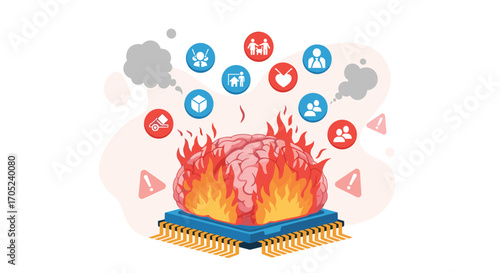 Brain on fire over computer chip with social icons.