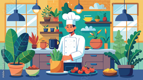 Chef preparing fresh ingredients in a colorful kitchen with plants and vegetables on the counter