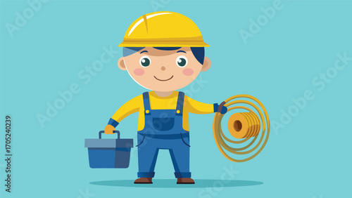 Happy young boy dressed as a builder, holding tools and wearing a hard hat