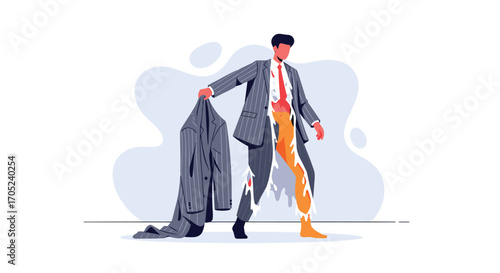Man in torn suit holding his jacket in a conceptual illustration.