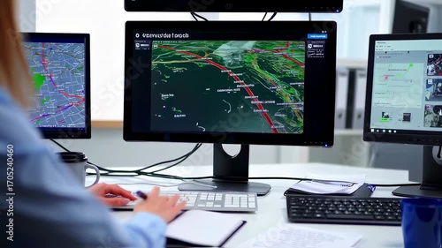 Modern Logistics Hub Woman Analyzing Complex Transportation Network on Multiple Screens