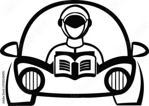 Person reading book inside car driving
