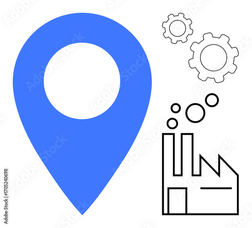 Blue location pin, factory outline emitting dots, and gear icons symbolize industrial automation, production, innovation, or workflow. Ideal for logistics, process improvement, smart industry