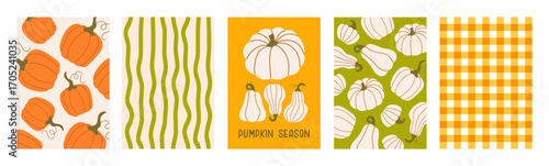 Set of autumn colorful greeting cards with pumpkins.  Cute vertical fall backgrounds. Vector illustration