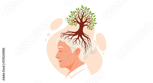 Tree of knowledge growing from a persons head symbolizing wisdom and growth.