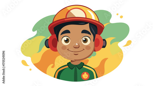 Young firefighter cartoon character smiling in front of flames with protective gear on