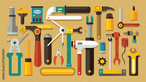 Collection of various hand tools arranged neatly on a flat surface for a home improvement project