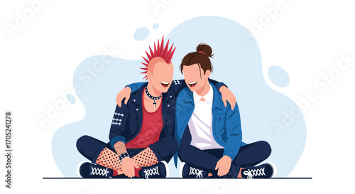 Two friends laughing together with arms around each other.