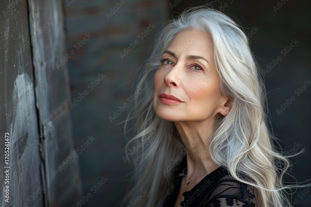 Obraz premium Elegant Senior Woman with Long Silver Hair Looking Up Outdoors