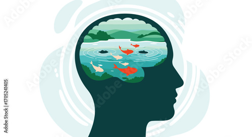 Silhouette of a human head with a vibrant landscape inside.