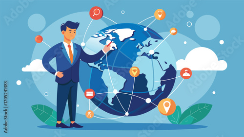 Business professional interacting with a digital globe illustrating global connections and networking opportunities