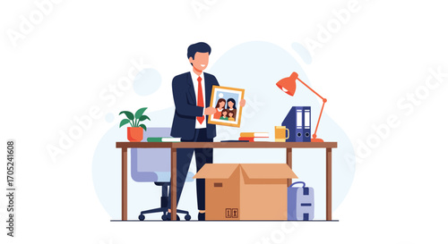 Man holding framed photo in office with moving box.