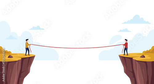 Two people on opposite cliffs holding a rope connecting them.