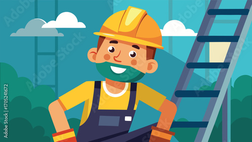 Construction worker smiles while taking a break near a ladder in a vibrant urban setting during the day