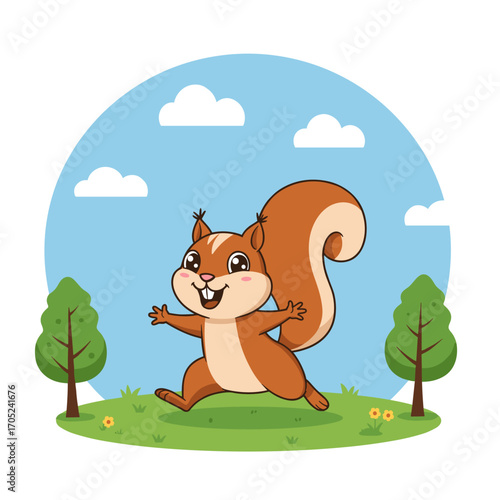 A happy cartoon squirrel leaps through a sunny meadow with arms wide and bushy tail raised, surrounded by trees, clouds, and cheerful yellow flowers in a playful outdoor scene.