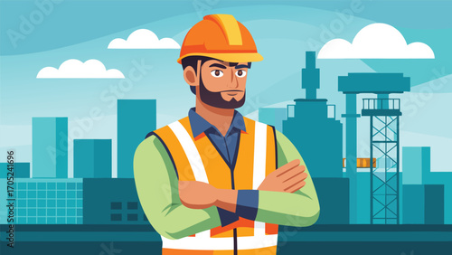 Construction worker standing confidently with a city skyline in the background during daylight hours