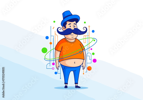 Whimsical character with large moustache and futuristic abstract background engaging in scientific exploration