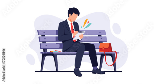 A man in a suit sits on a park bench and works on his tablet.