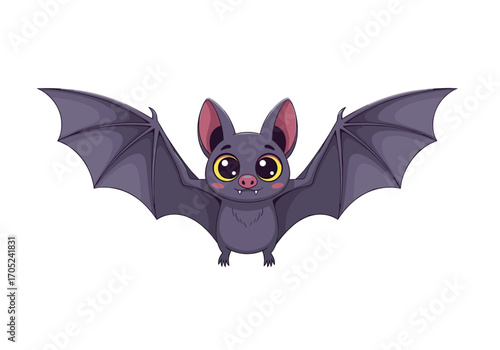 A cute cartoon bat spreading its wings in flight with big adorable eyes ready for halloween fun