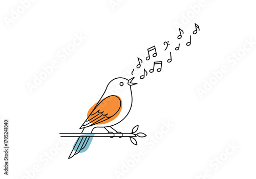 A whimsical illustration of a bird singing a melodious tune while perched on a delicate branch with musical notes flowing out